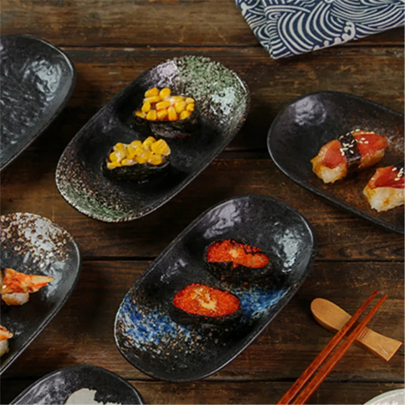 assiettes ovales céramique porcelaine sous glaçure noir blanc texture marbrée moderne rustique respectueux environnement