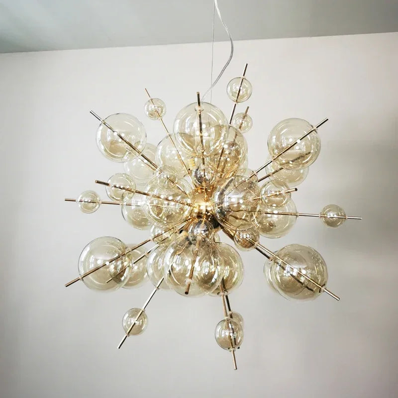 suspension lumineuse moderne boules sphériques transparentes dorées argentées câble suspension intérieur chambre salonhôtel