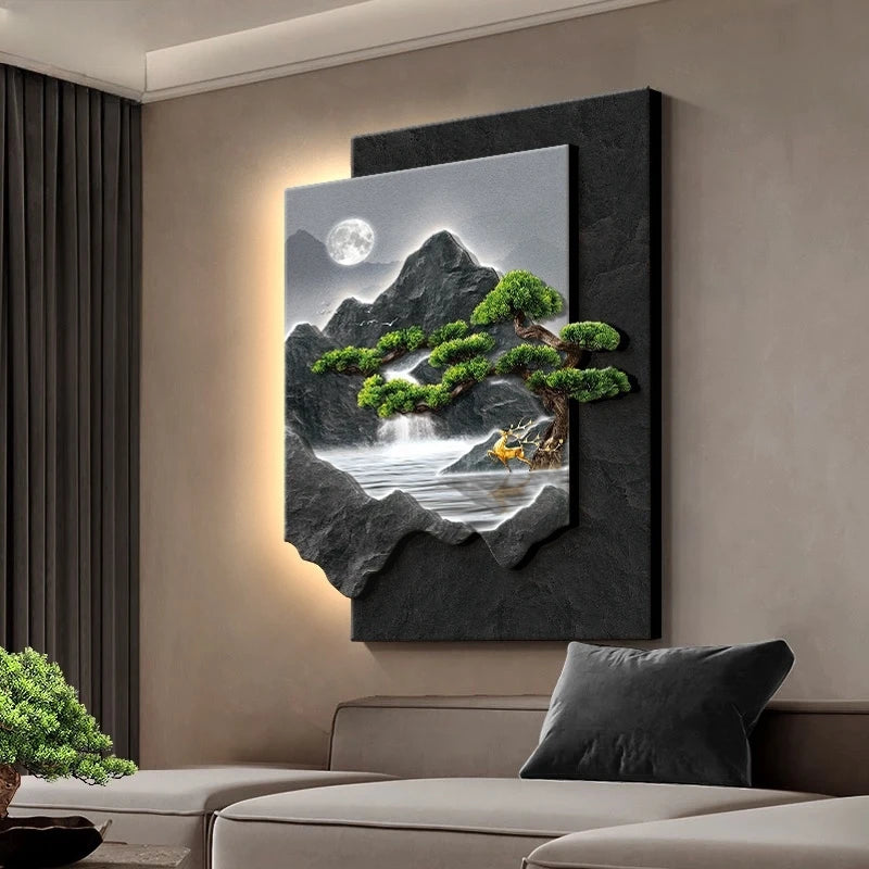 tableau mural paysage montagneux bois naturel moderne salon chambre decoration