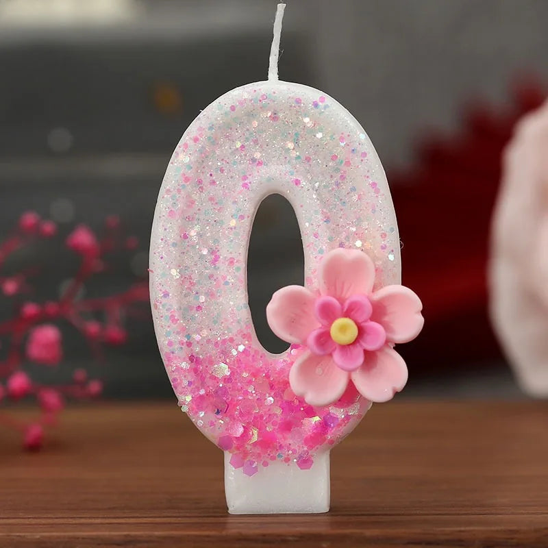 bougies numériques chiffrage blanc rose pailletées fleurs relief anniversaire décoration gâteau festif
