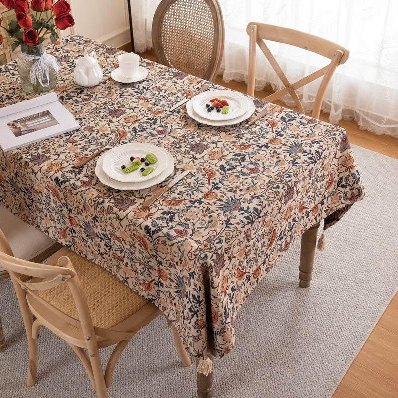 nappe rectangulaire polyester floral oiseaux beige marron rouge bleu classique tassel salon