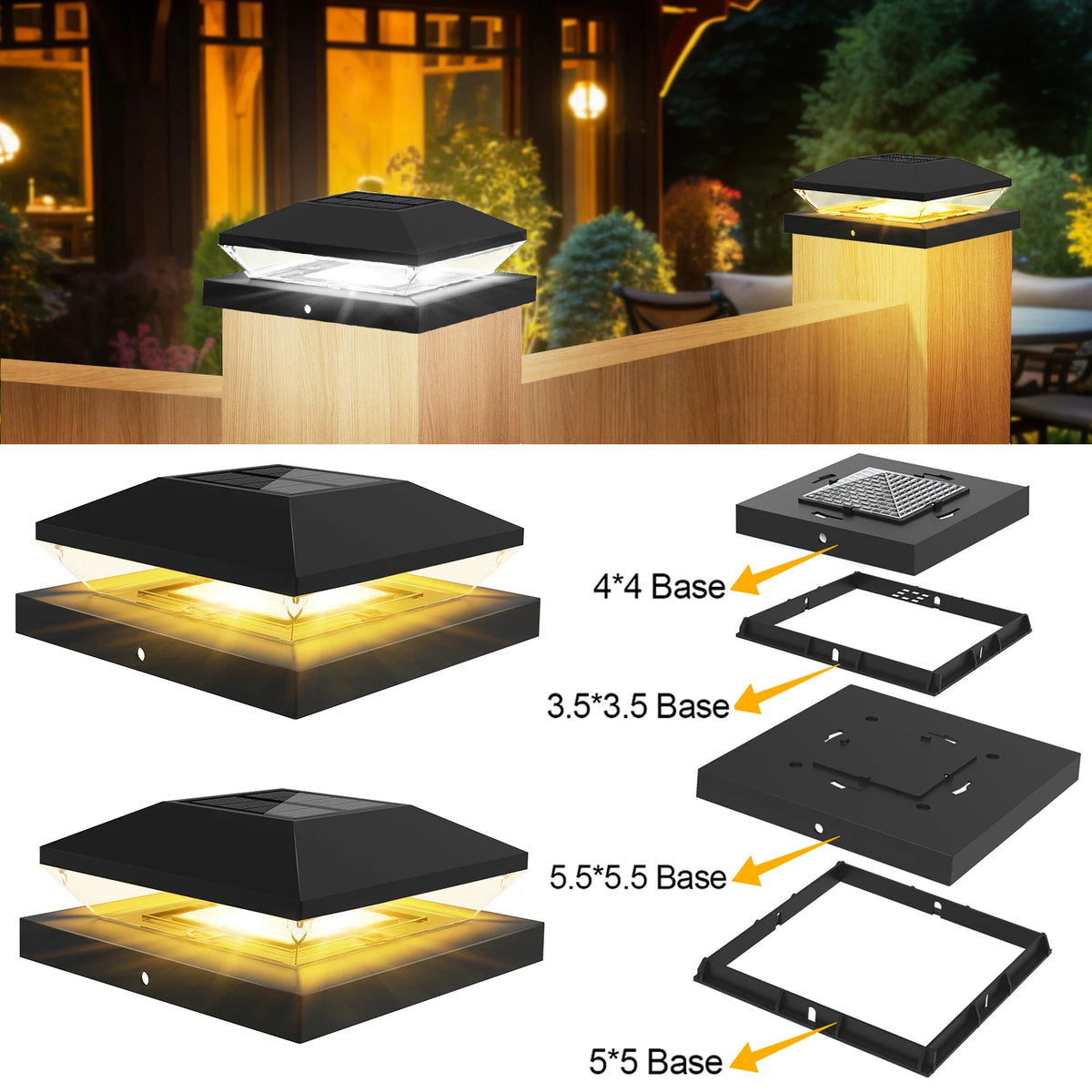 lampe solaire balustrade led noire moderne ip65 résistante abs adhésif 4x4 35x35 5x5 55x55