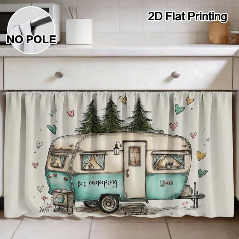rideau cuisine illustration camping car arbres blanc vert beige four seasons classic machine wash