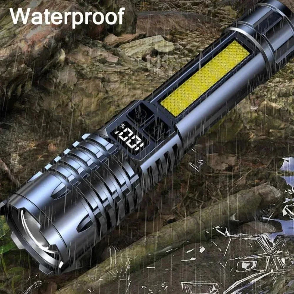 lampe torche led rechargeable waterproof portable réglable focus lumière affichage puissance signalisation rouge camping