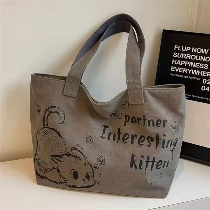sac main gris imprimé chaton poignées détachables casual toile polyester