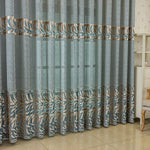rideau bleu clair feuilles dorées semi transparent moderne élégant salon chambre coucher hospitalité