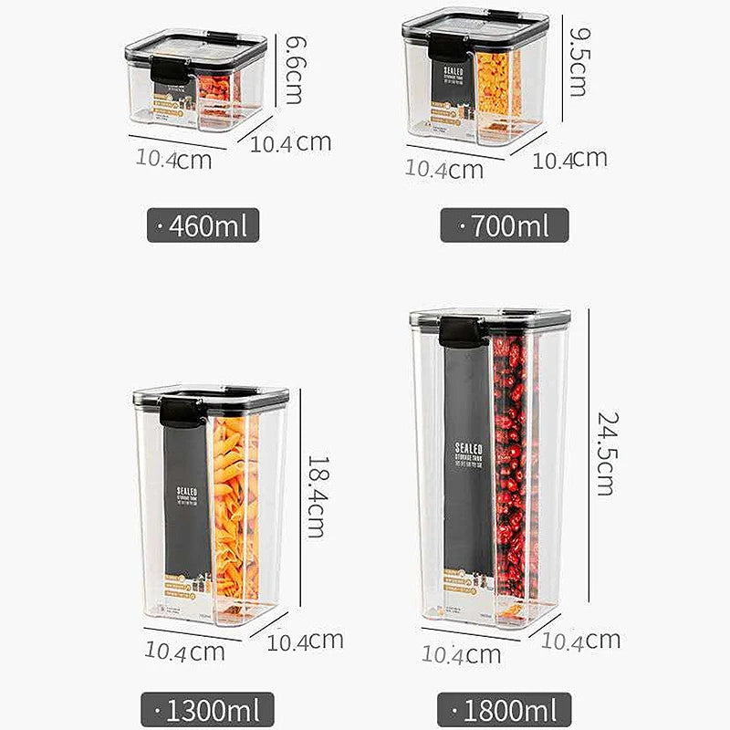 boîtes rangement alimentaire transparentes poignées noires multiple tailles réutilisables modernes pratiques épices pâtes graines
