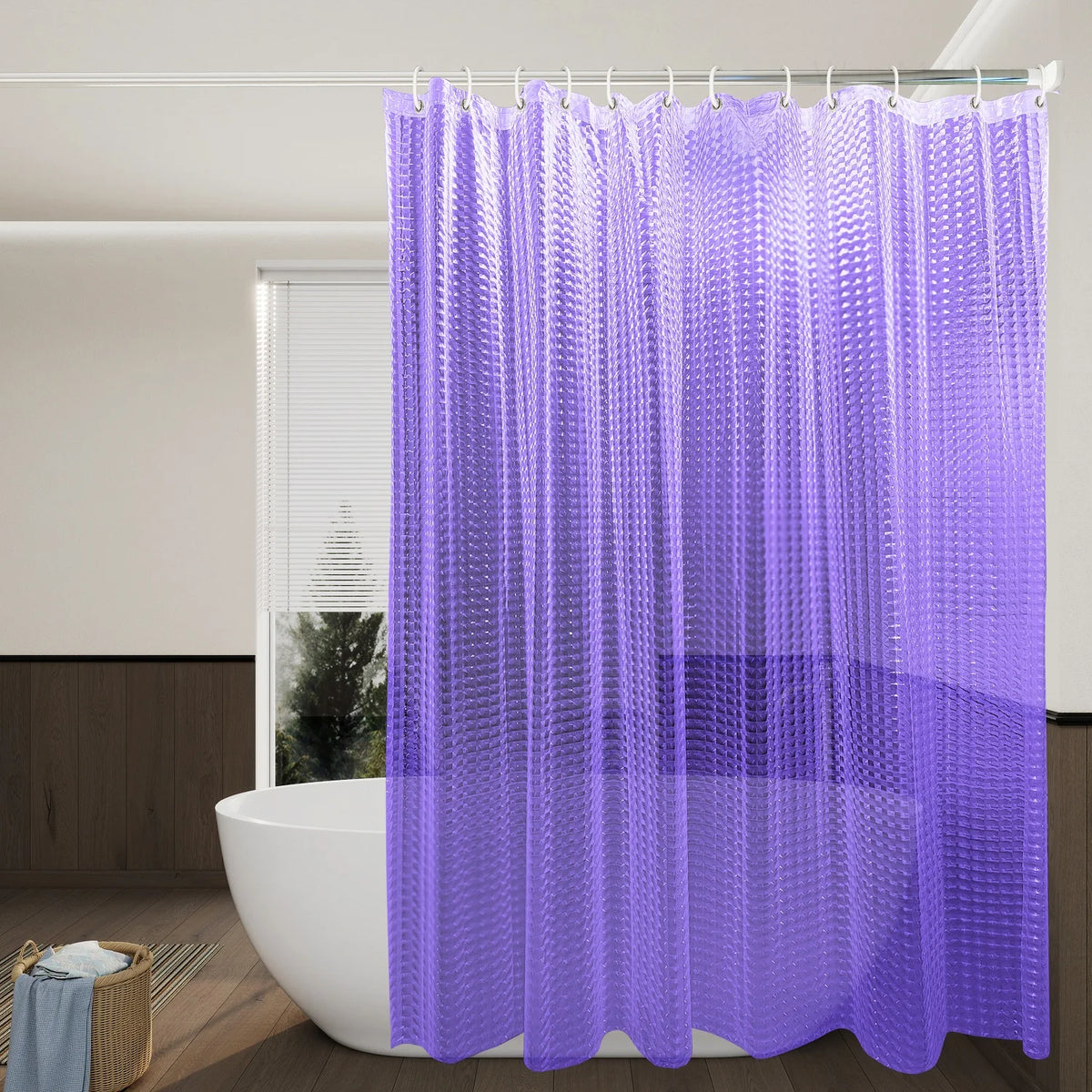 rideau douche moderne éva texturé géométrique blanc bleu vert violet anneaux