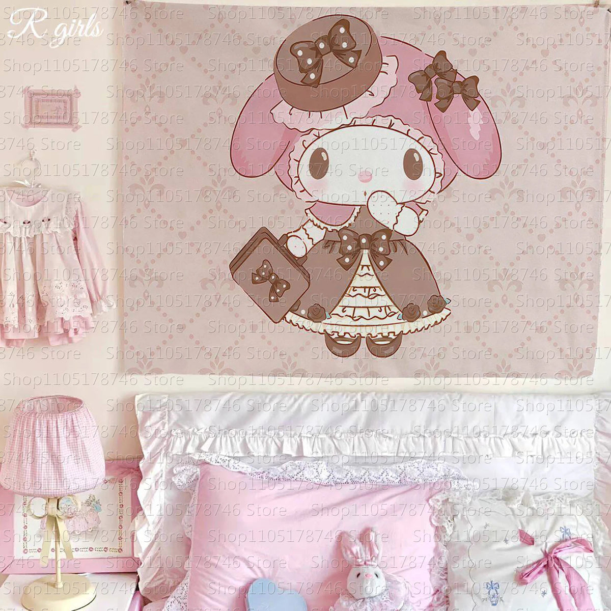 tapisserie murale kawaii personnage sanrio rose décoration chambre enfant motif dessin animé textile intérieur