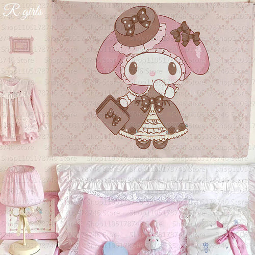 tapisserie murale kawaii personnage sanrio rose décoration chambre enfant motif dessin animé textile intérieur