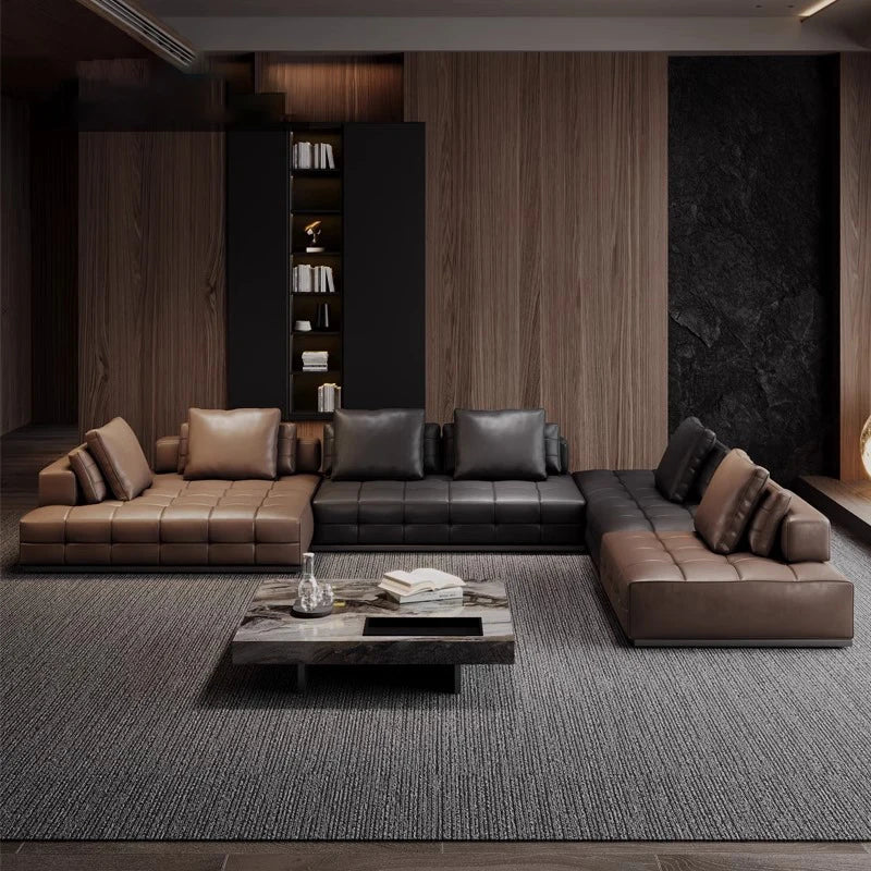 grand canapé angle cuir marron moderne coussins salon appartement luxe