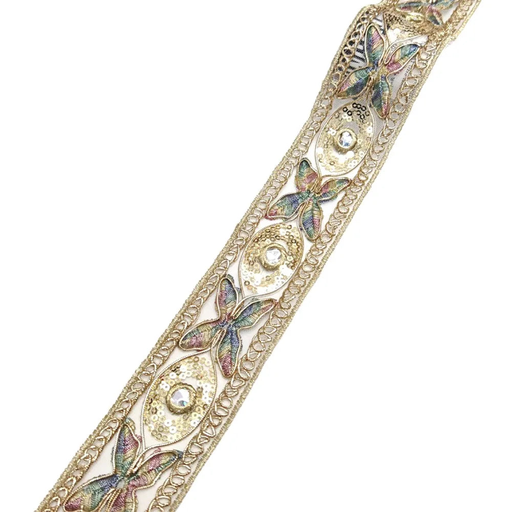 ruban brodé fleurs doré blanc bleu vert rose élégant couture artisanat rideaux franges accessoire