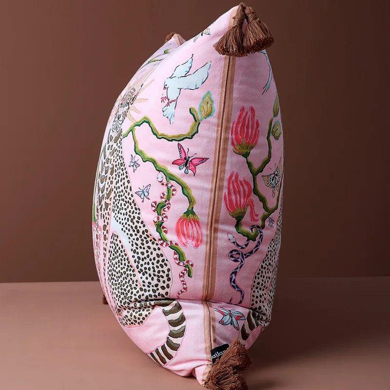 coussin carré moderne léopard oiseaux rose adhésif tassel salon décoration maison 45cm 50cm 60cm