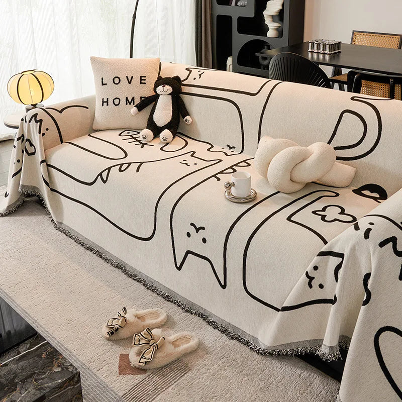 housses canapé chenille dessins animaux beige noir moderne lavable printemps été