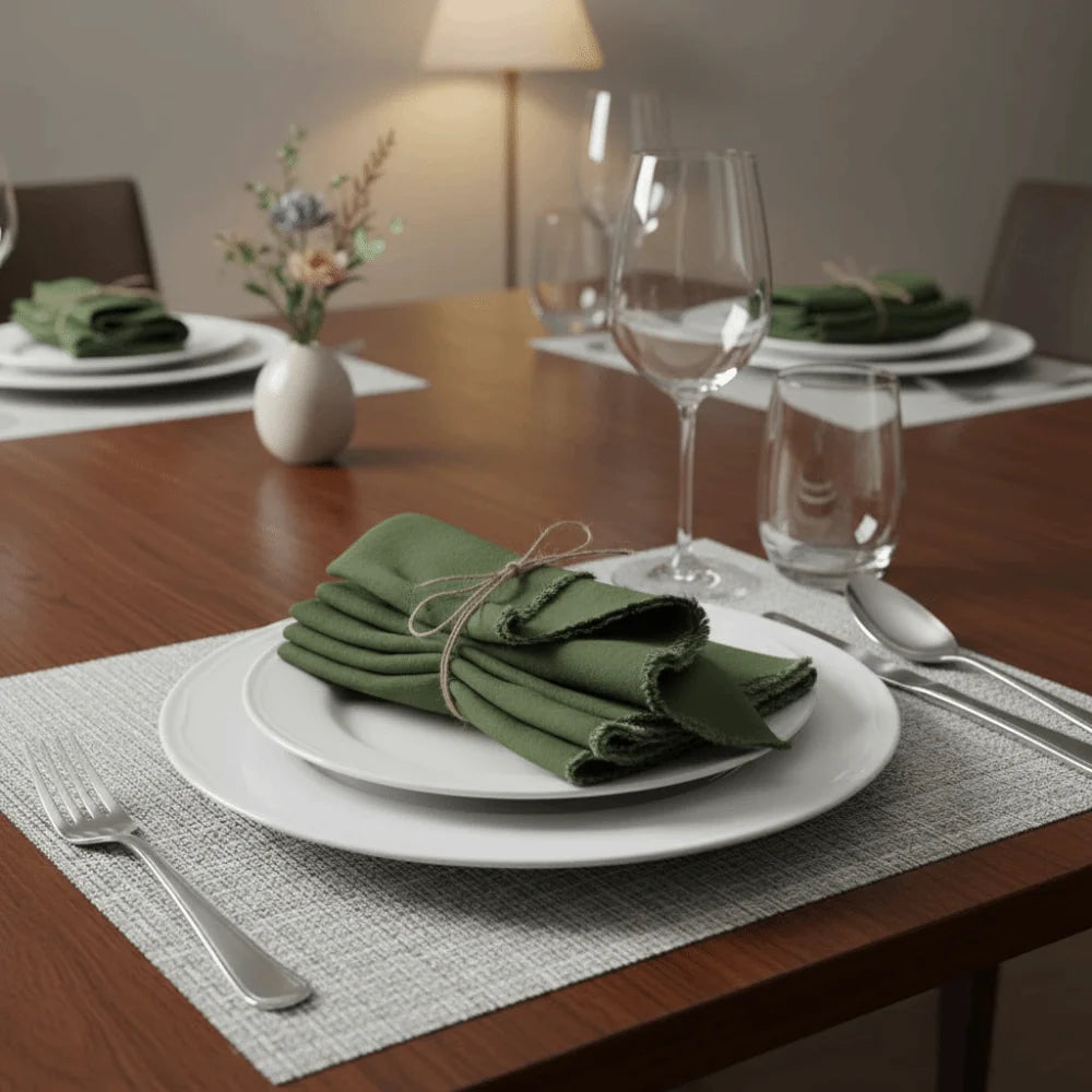 serviettes table vert foncé beige rose blanc uni franges rustique cuisine domestique