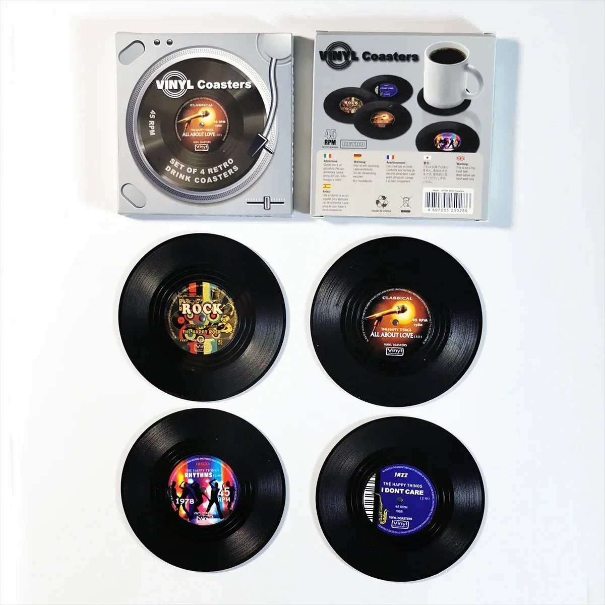 coasters vintage rockabilly noir motifs disques vinyle blancs résistants chaleur antidérapants plastique respectueux environnement