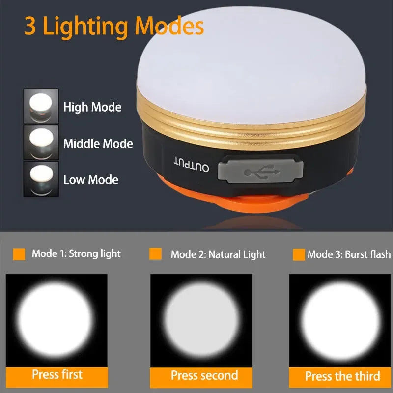 lampe camping led portable modes éclairage urgence aimant rechargeable moderne compact noir orange blanc