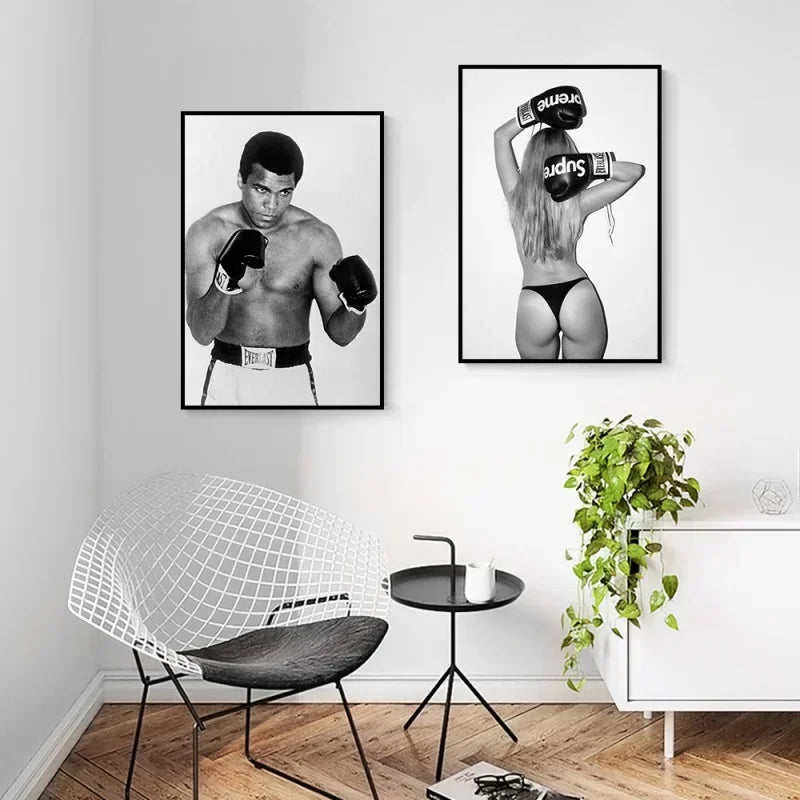 affiche moderne femme boxeuse gants noire blanche élégant garçon décoration salon chambre illustration minimaliste