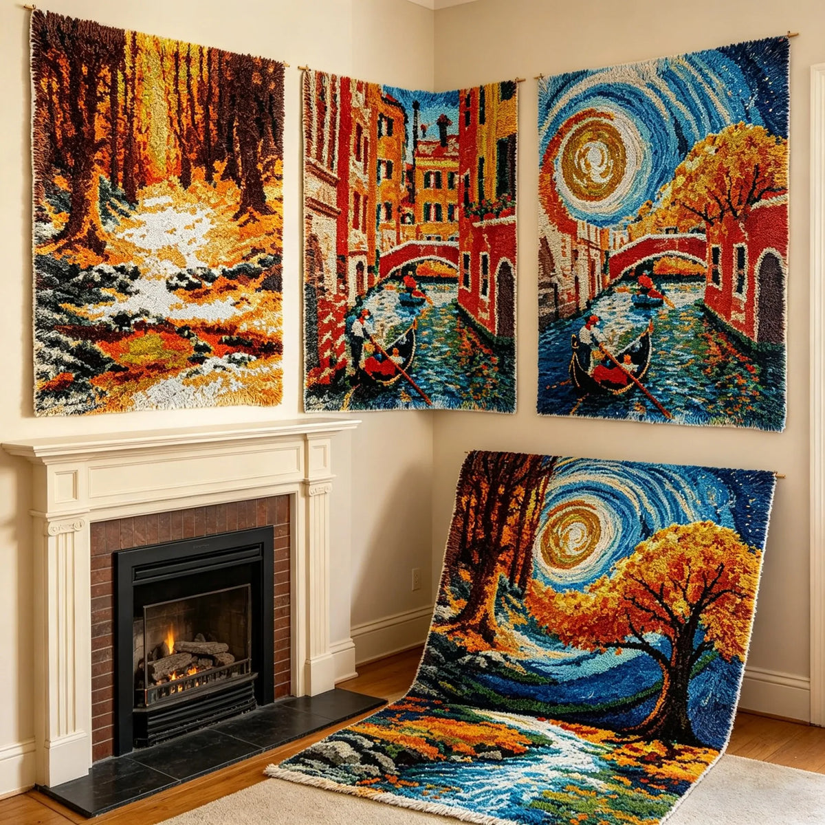 kit laine segmentée fabriquer tapis crochet paysage forêt montagne motif artisanal fait main