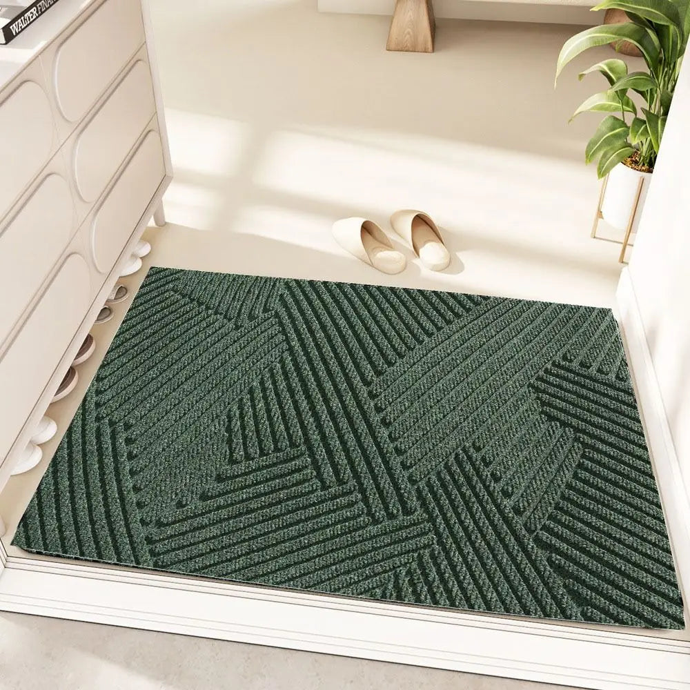 tapis d'entrée moderne rayures vert foncé marron gris antidérapant resistant taches