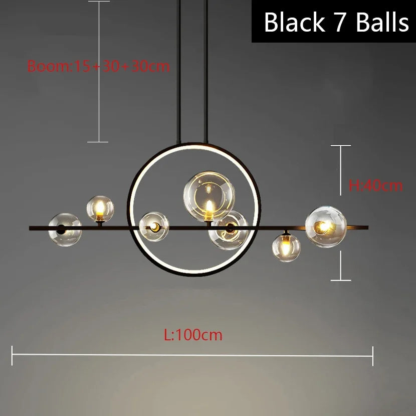 suspension lumineuse moderne boules transparentes cercle métallique noir doré led 110v 240v fixations câbles