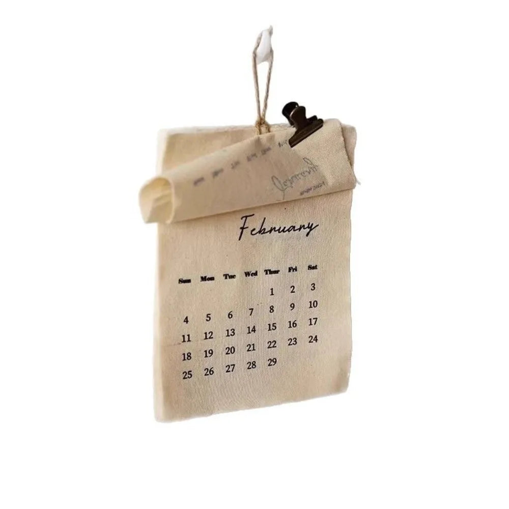calendrier mural tissu beige clair rustique minimaliste clip magnétique ficelle décembre 2026 opaque