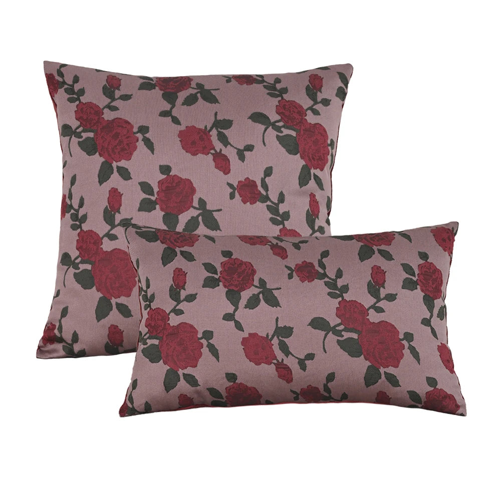 taies d'oreiller jacquard fleur roses rouges feuilles vertes vintage opacité fixation oreillettes maison lit