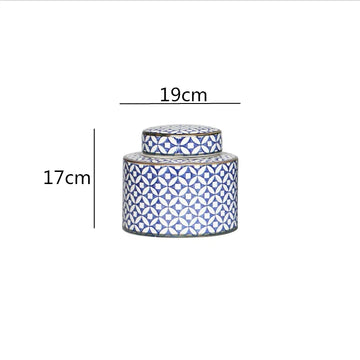pot épices céramique bleu blanc motif géométrique couvercle décoration intérieur classique
