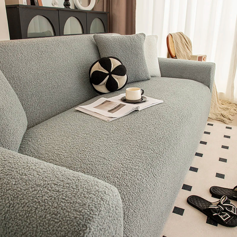 housse canapé velours doux beige clair moderne confortable peluche épaisse extensible elastic lavable machine