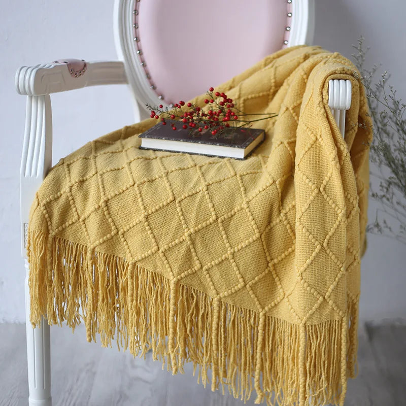 plaid motif losange franges couleurs rose beige vert gris chambre décoration hiver cozy champêtre