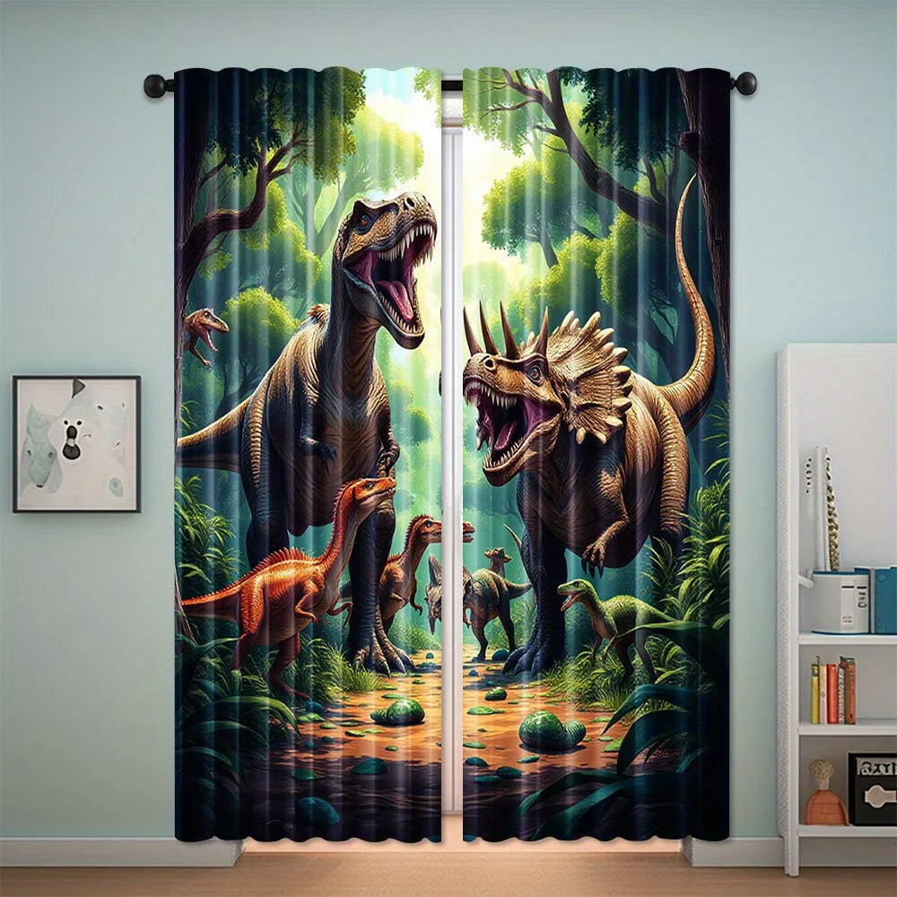 rideau imprimé dinosaures forêt moderne noir vert beige orange jaune pièces
