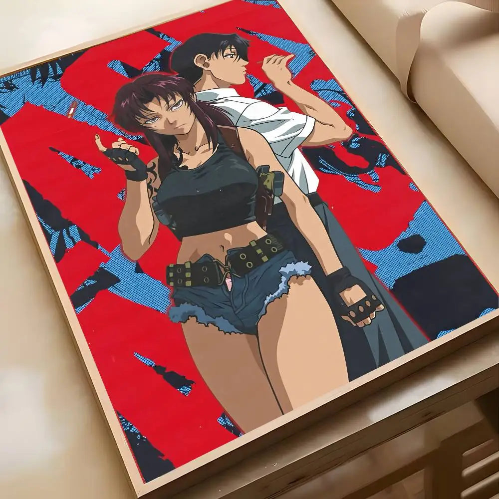affiches manga bleu noir illustrations personnages japonais cadre bois décoration moderne