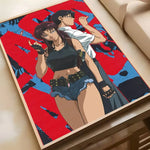 affiches manga bleu noir illustrations personnages japonais cadre bois décoration moderne