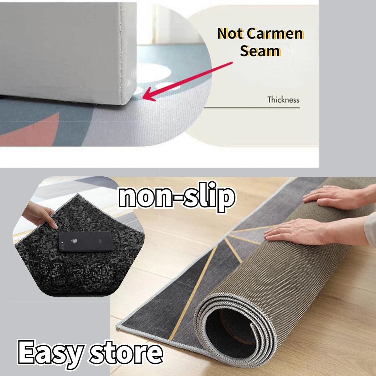 Ce tapis de sol en gris et blanc possède une surface antidérapante et peut être facilement rangé, offrant une solution pratique pour l'aménagement de l'espace.