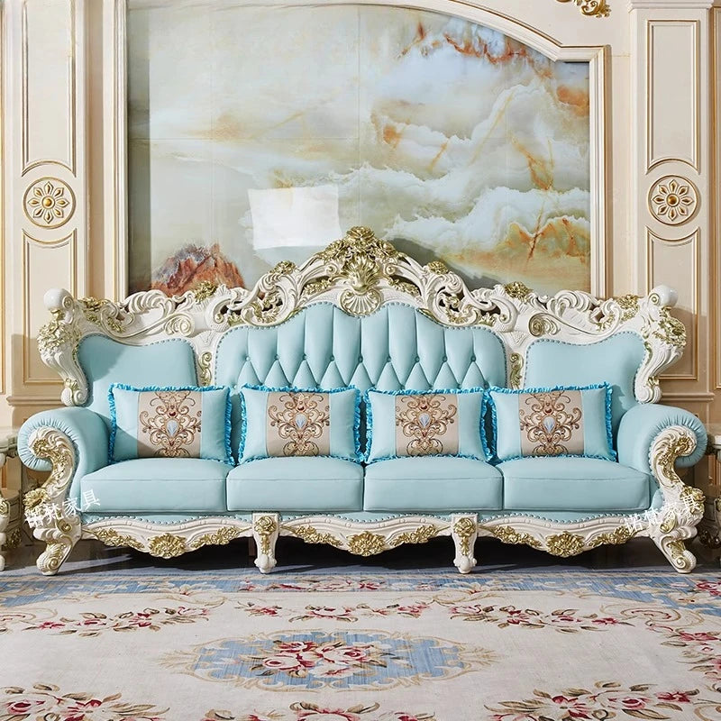 canapé classique bleu clair doré capitonné ornement baroque salon quatre places inclusion coussins