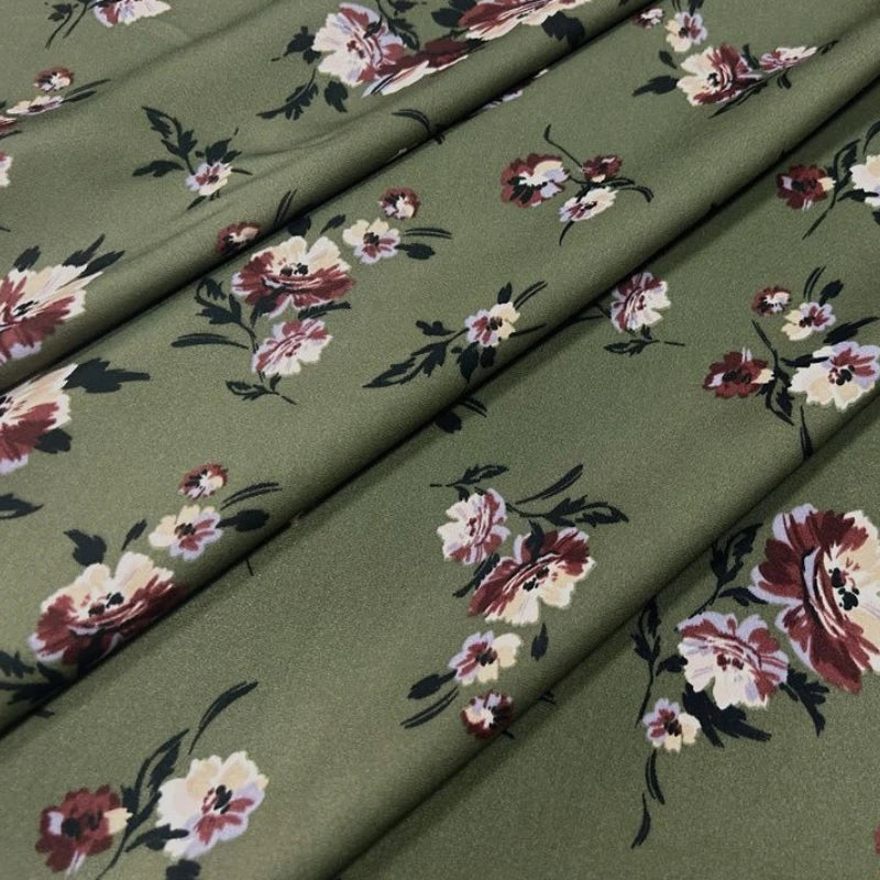 tissu mousseline floral motifs petits fleurs vert olive rouge foncé beige opale respirant femme