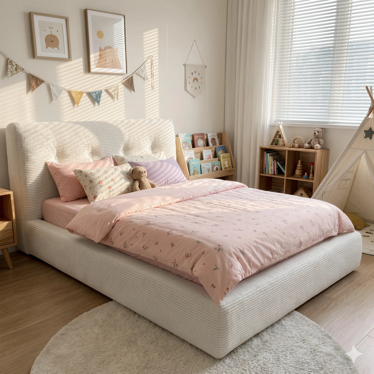 lit moderne tête lit amovible rayures horizontales imprimé floral beige gris roseclair confortable monté