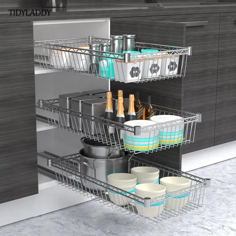 paniers rangement tiroirs cuisine acier inoxydable noir grille métallique moderne clips fixations pièces montage