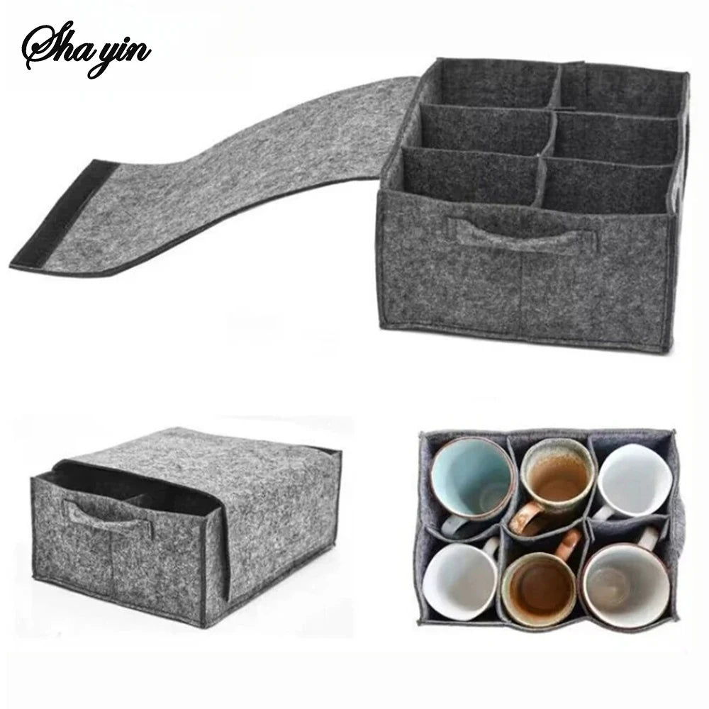 boîte rangement vaisselle feutre gris moderne compartiments poignées camping cuisine minimaliste transporte facilement