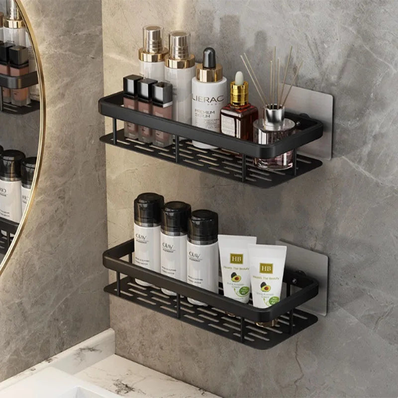 étagères salle bain noires modernes fixées mur alliage d'aluminium visibles