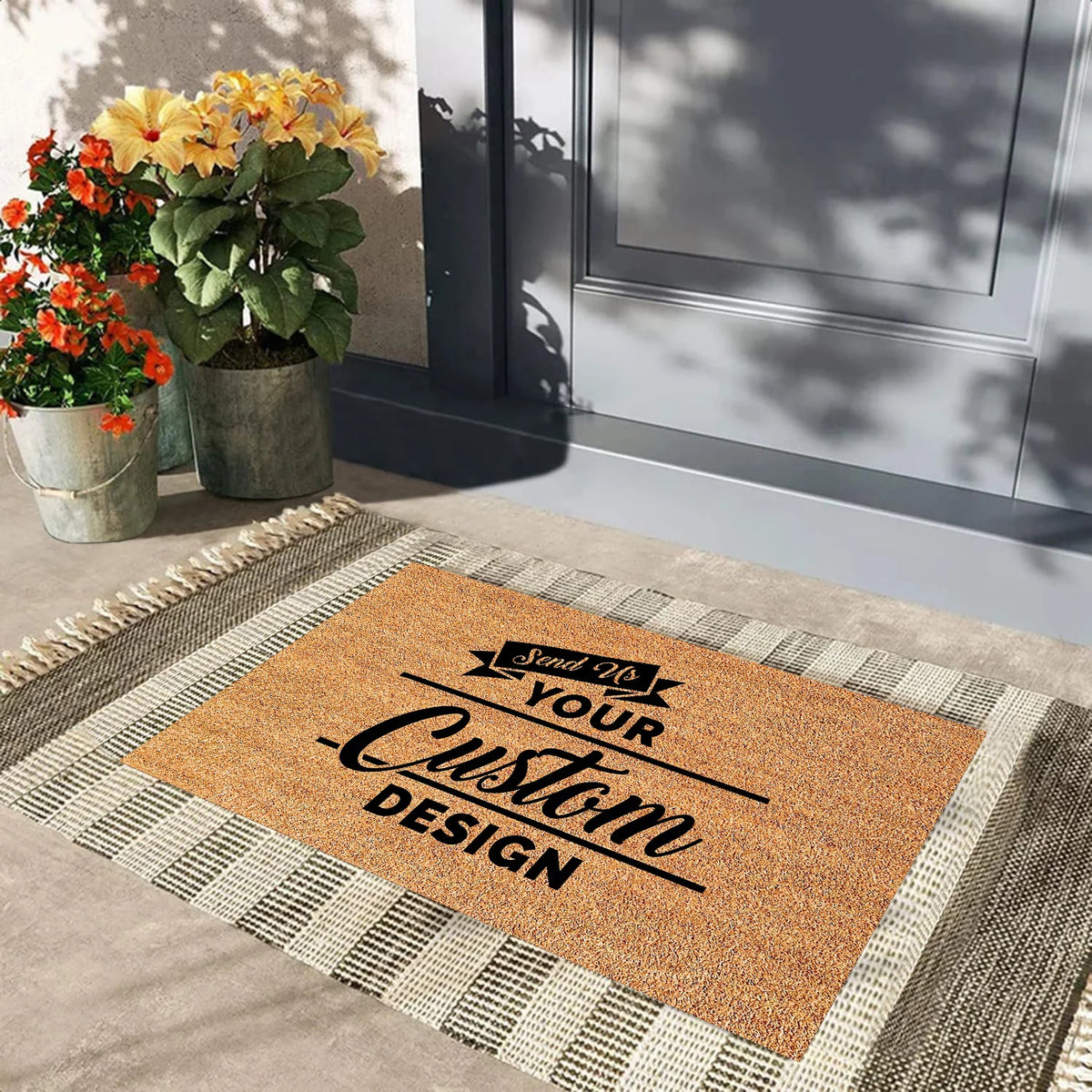 tapis d'entrée marron clair rayures noires blanches antidérapant résistant bactéries porte garage extérieur