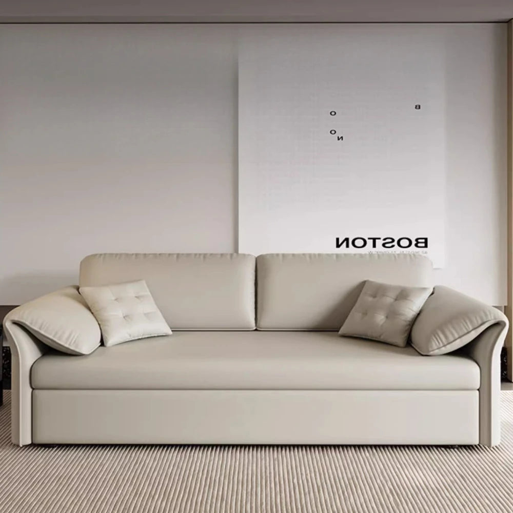 canapé lit moderne bois tissus composites beige clair oreillers multifonctionnel salon maison