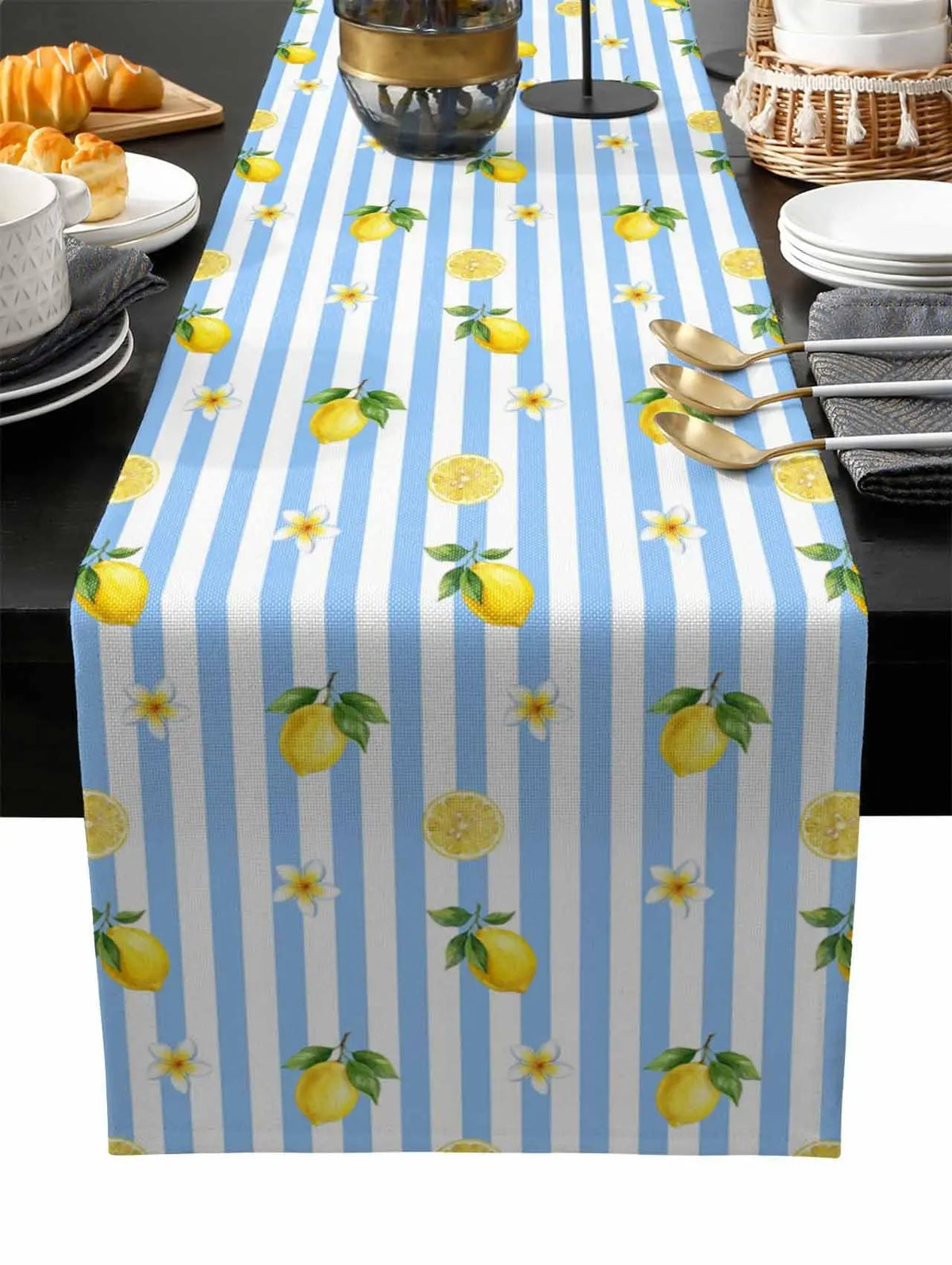 table cuisine lin rayé bleu blanc motif citron floral moderne