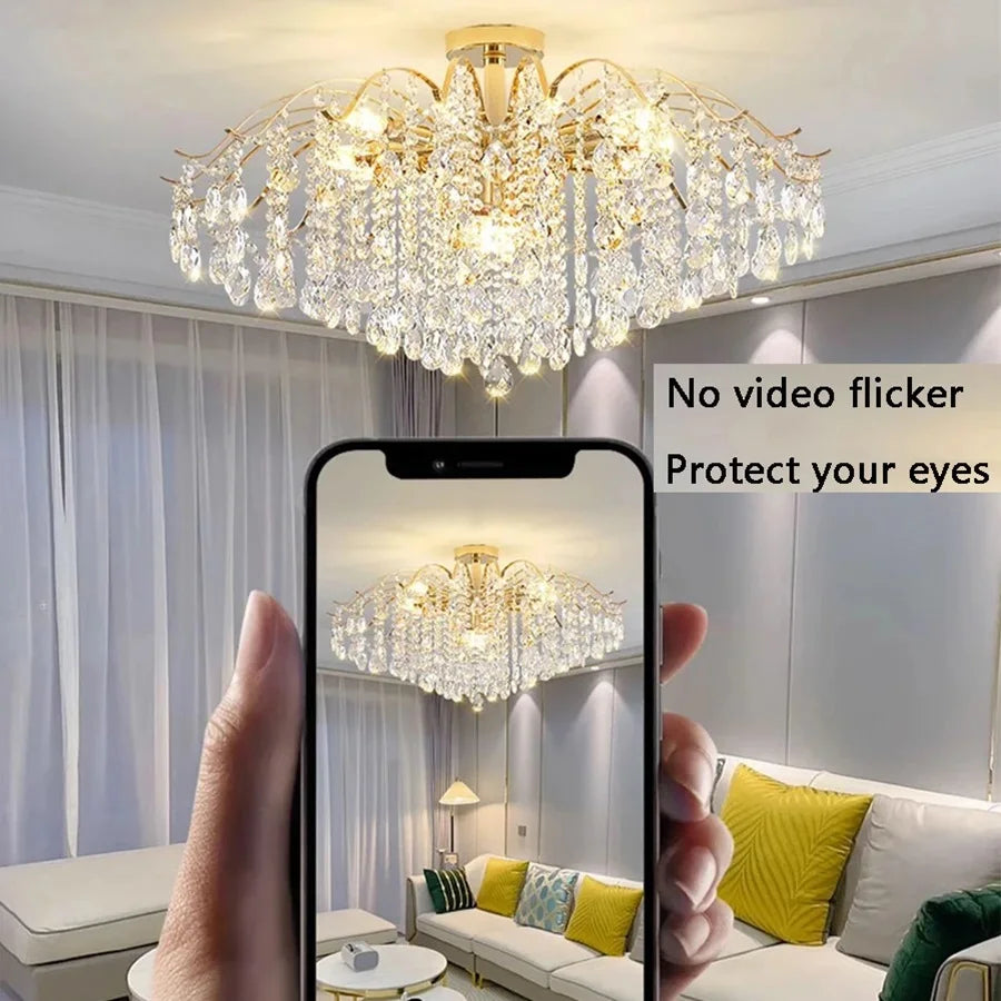 plafonnier moderne luxueux cristal pendans or led salon décoration lustreintérieur chambre château