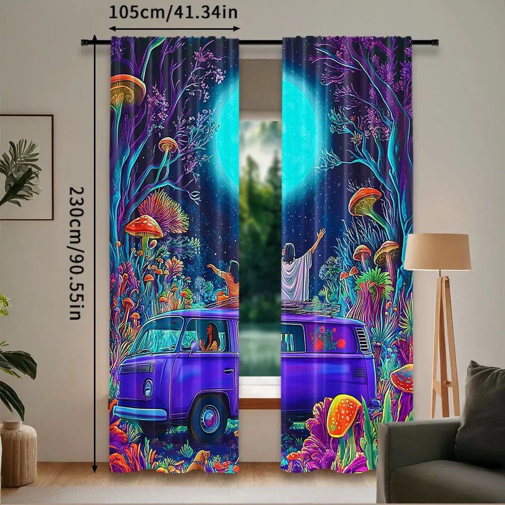 rideau polyester violet bleu vert moderne personnages champignons forêt 75x166 105x230 130x210