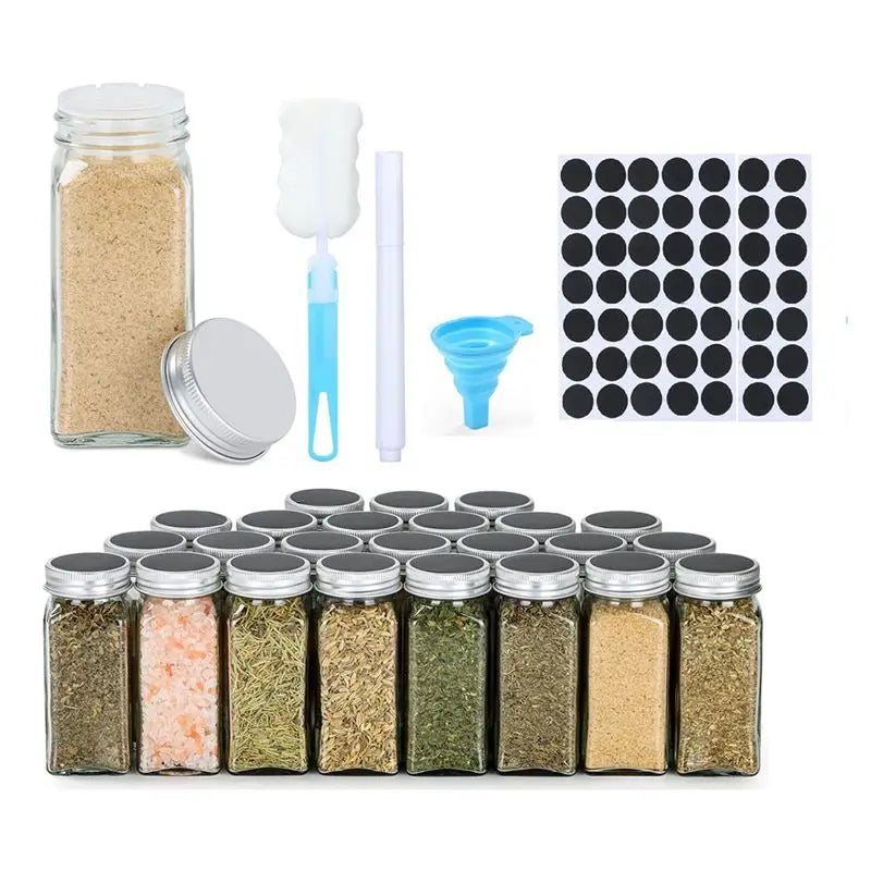 organisateur épices bocaux verre étiquettes couvercle bois assortiment herbes sel transparents