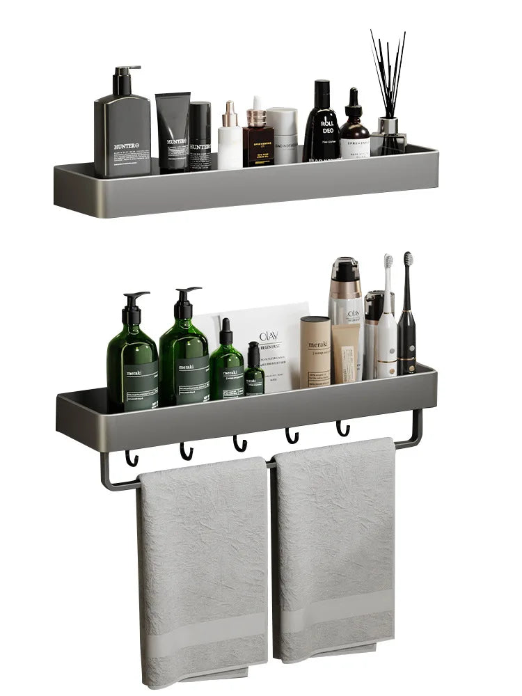 étagère murale moderne gris métallisé clips serviettes bouteilles cosmétiques flacons parfum brosse électrique 30cm