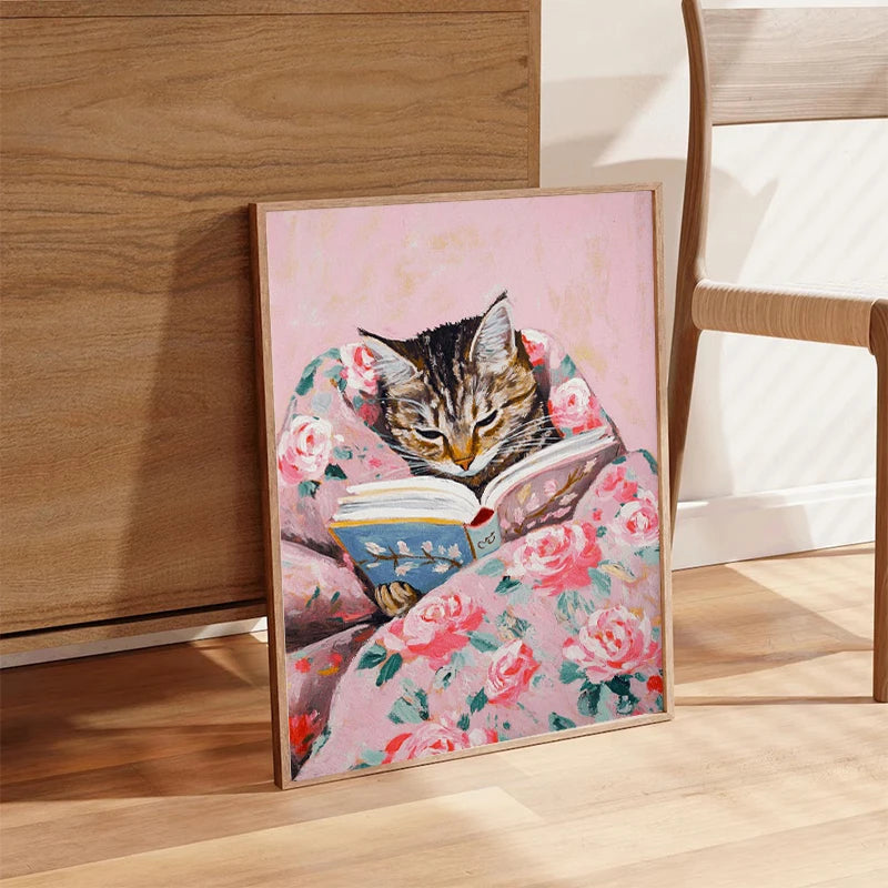 tableau peinture l'huile chat rose livre fleurs couverture couleurs classiques salon décoration