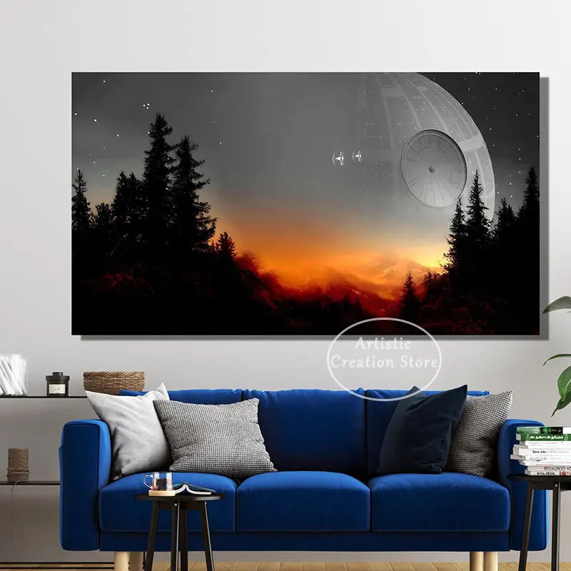 toile d'art moderne paysage nocturne étoiles station spatiale clips noir blanc orange