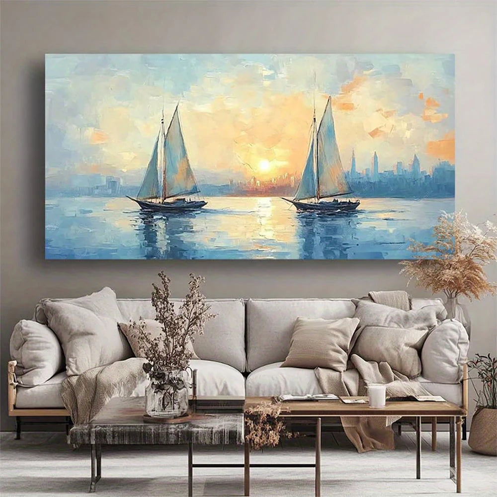 peinture l'huile paysage marin voiliers coucher soleil toile impressionniste moderne